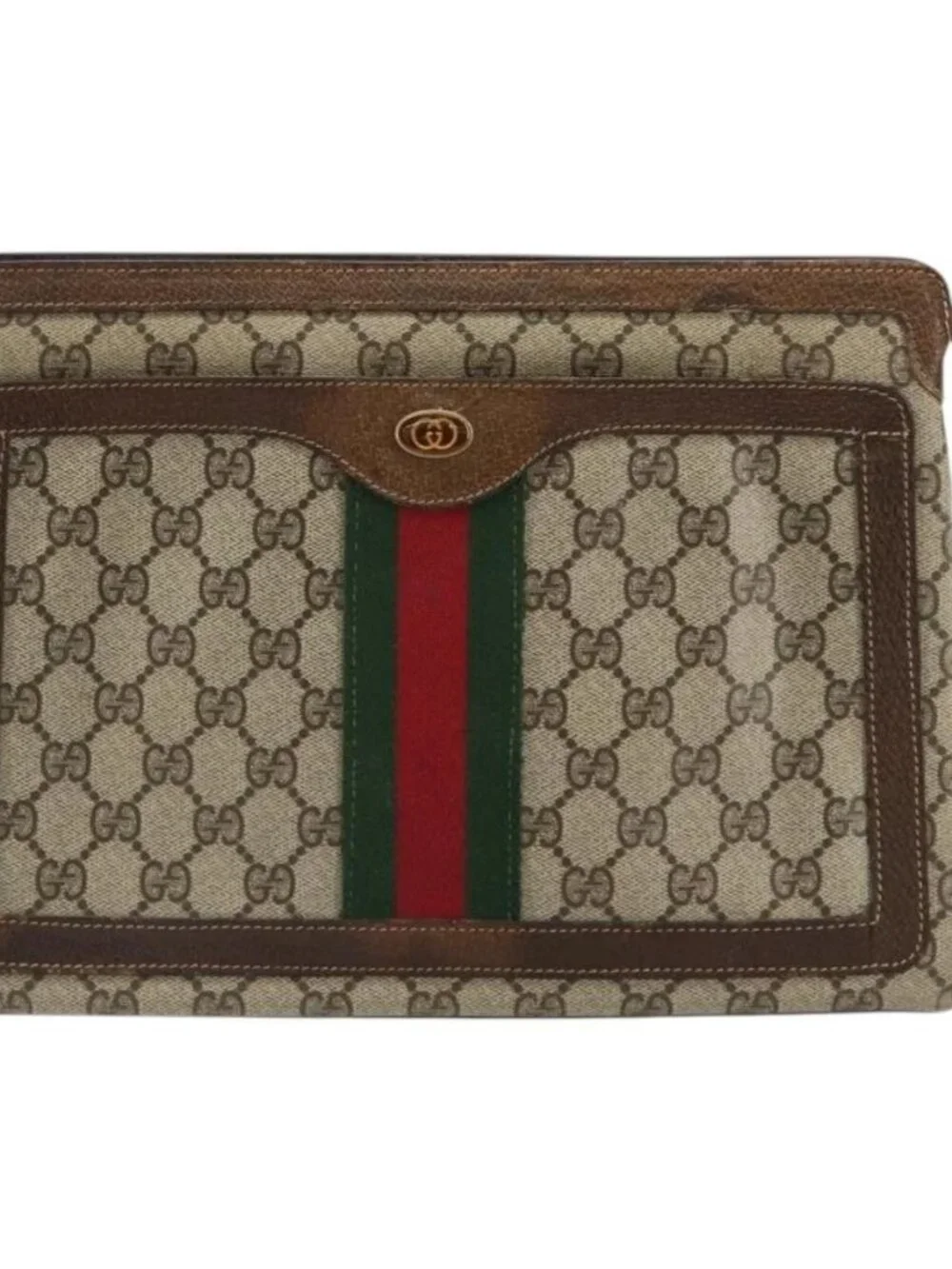GUCCI GG Supreme Web Sherry Line Clutch Bag PVC Beige Gold Auth 182207